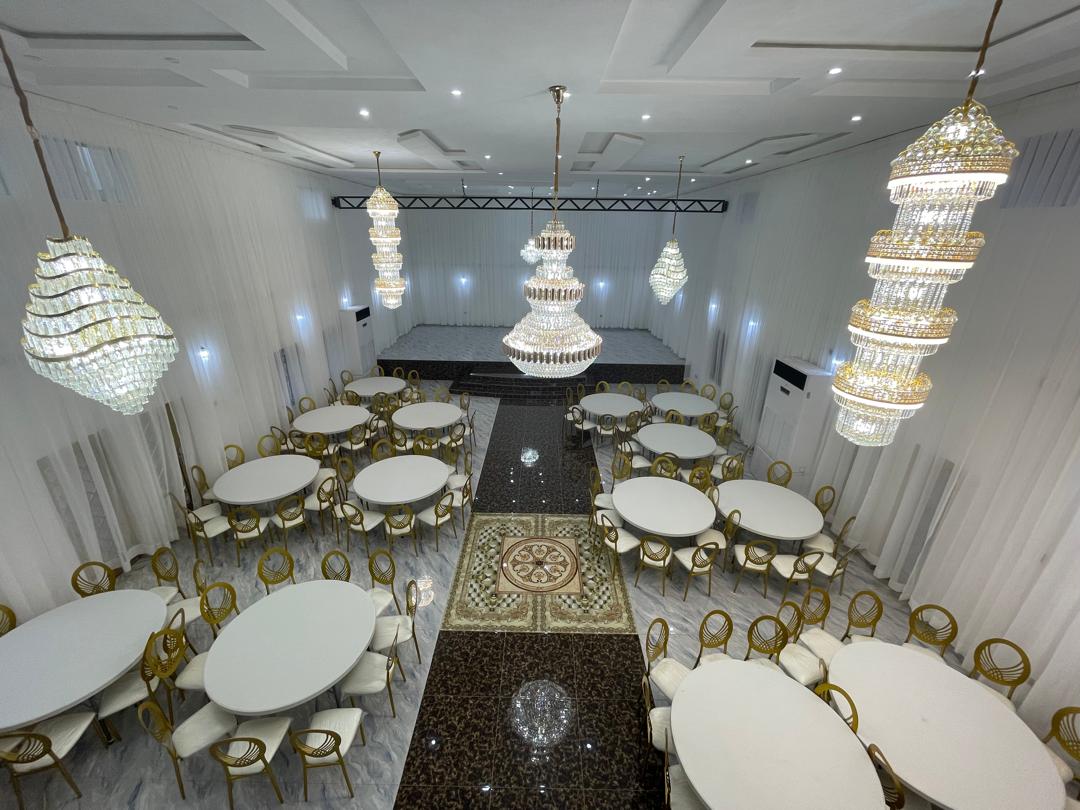 Crystal chandeliers above the banquet floor