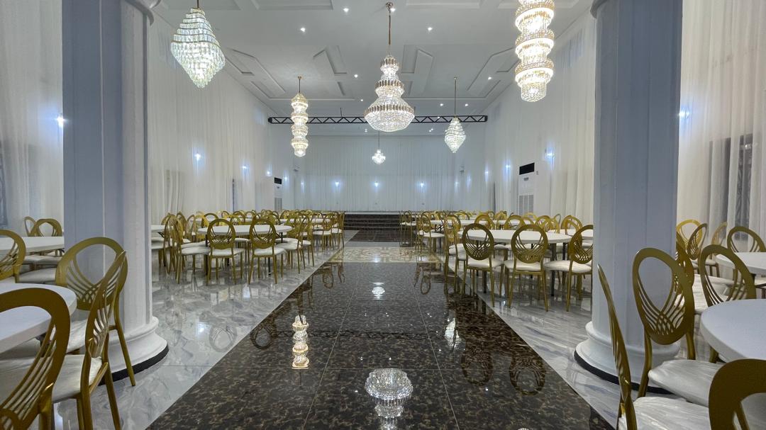 Banquet set-up with crystal chandeliers